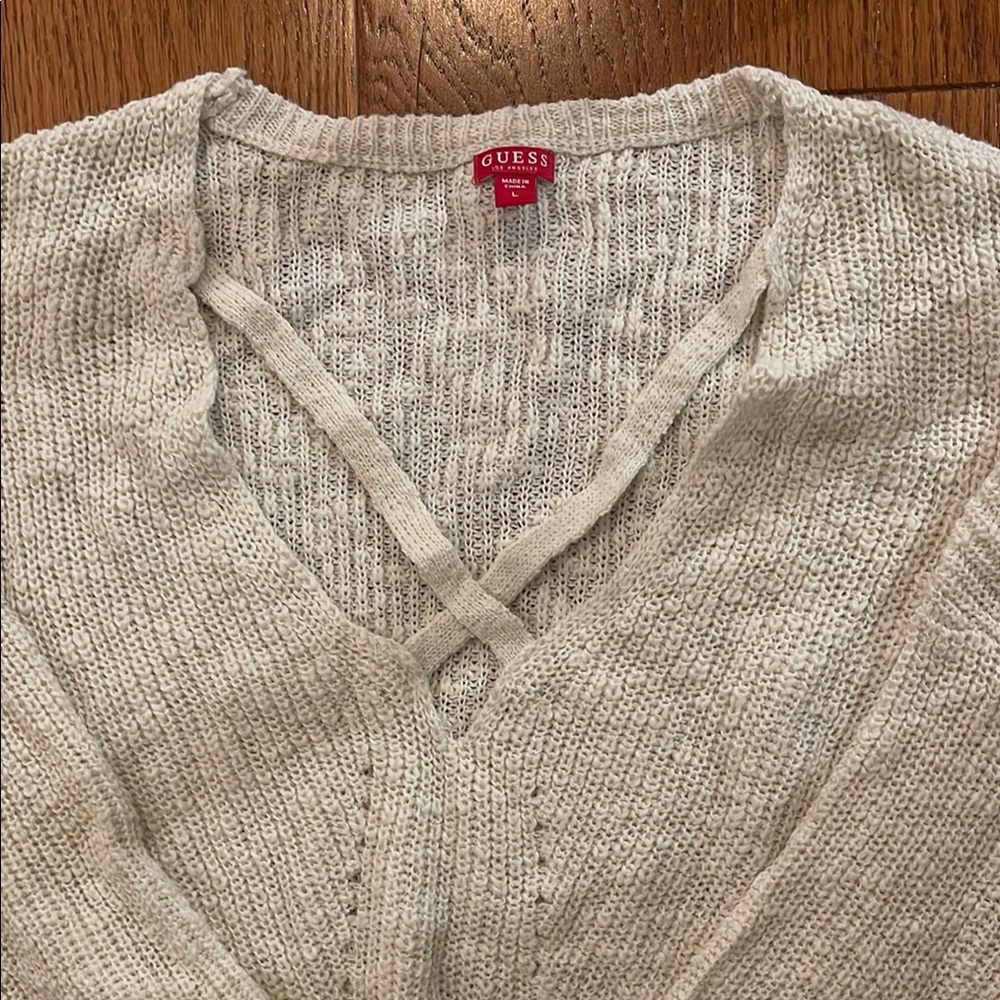 Guess Cream V-Neck Sweater with Ribbed Texture